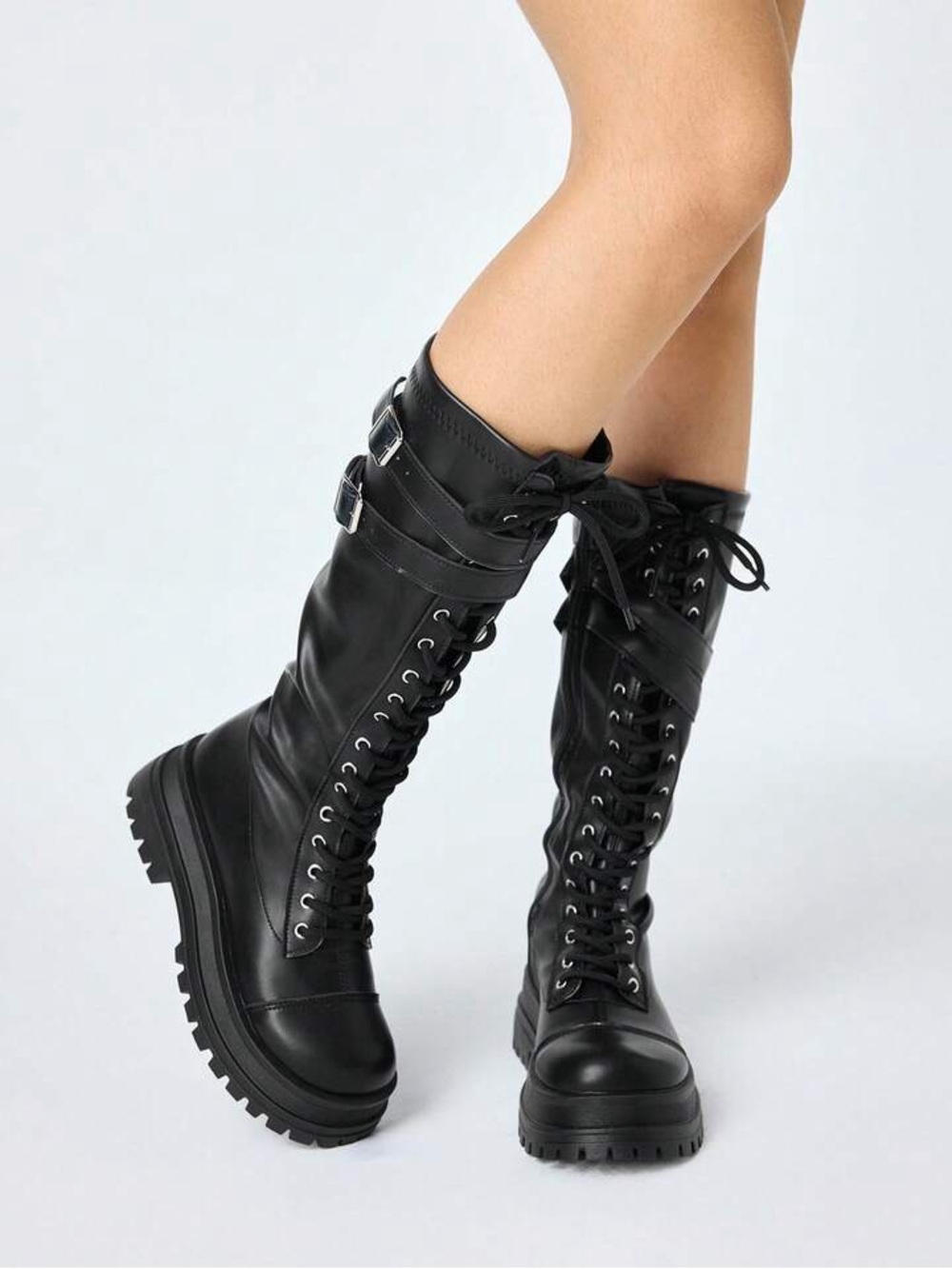 Black Lace-Up Combat Boots with Buckle Strap